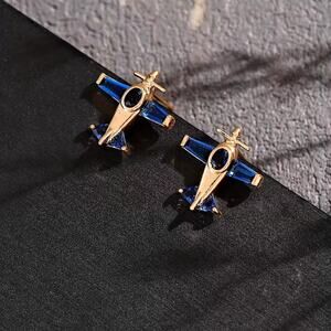 Dainty Gold tone Pilot Airplane Stud Earrings w/ Blue Crystal Accents